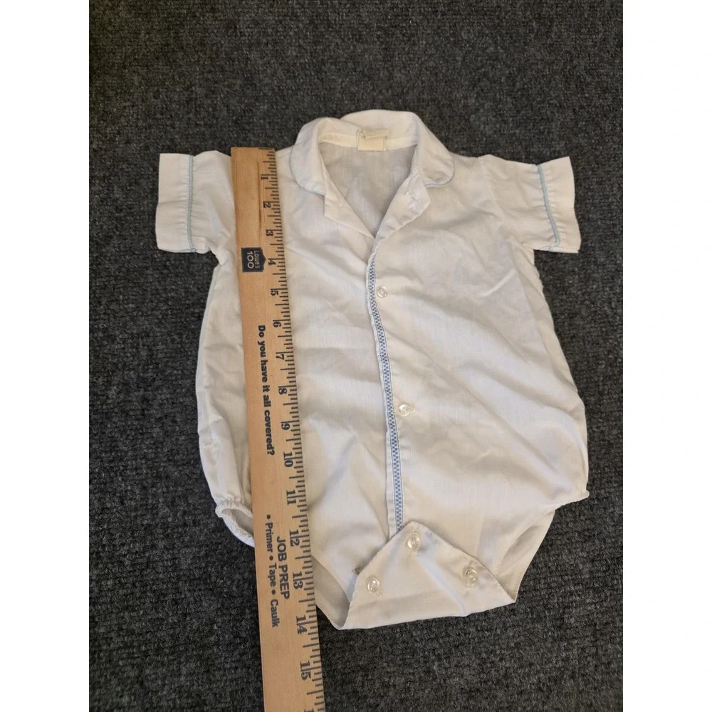 Vtg Fawn Togs Romper‎ Boys 3-6 Months White Blue Trim Short Sleeve Bodysuit